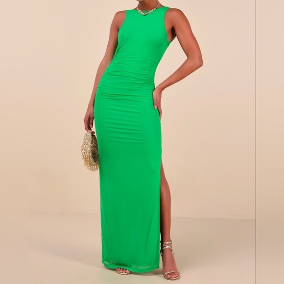 Lulus Karise Green Mesh Ruched Backless Maxi Dress, Size Small - Picture 5 of 11